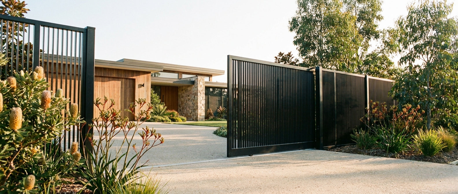 A black powder-coated swing gate partially open on a sun-lit Australian residential driveway surrounded by native garden landscaping.