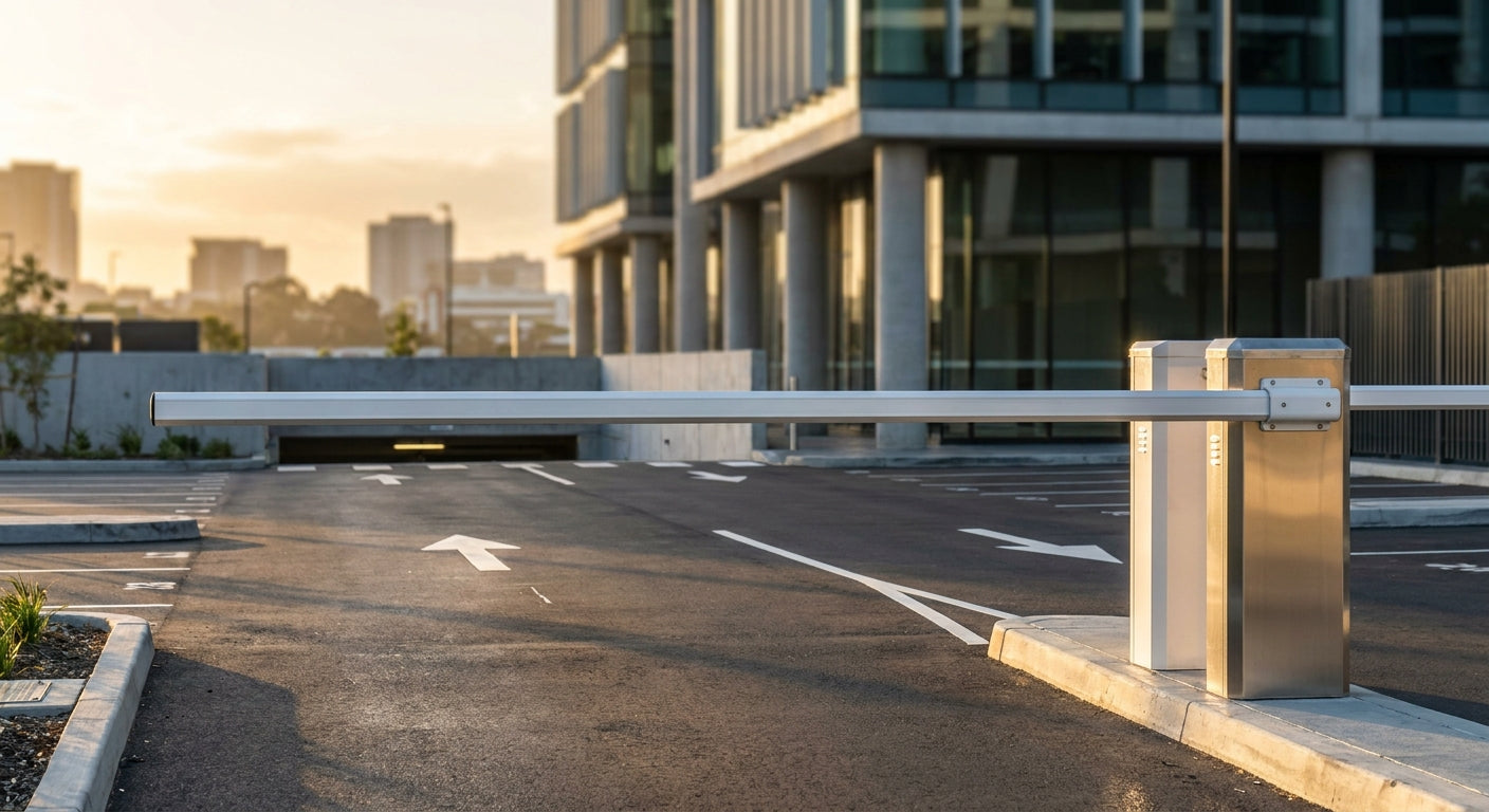 A white boom gate barrier arm blocking the entrance of a modern commercial car park at golden hour, with crisp asphalt markings and a blurred urban background.