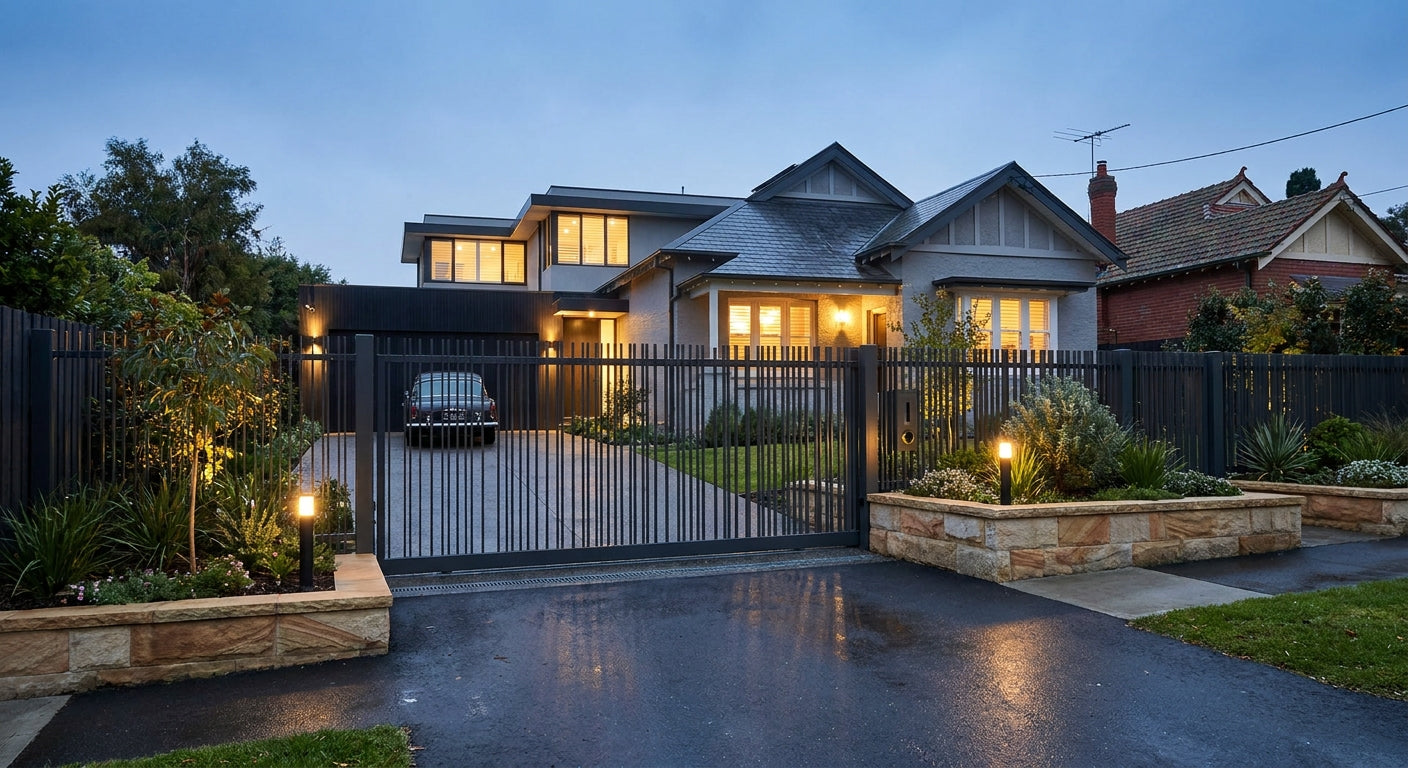 A closed automated steel driveway gate securing the entrance of a well-lit suburban Melbourne home at dusk.