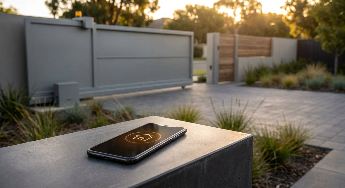 A smartphone in the foreground with a blurred automatic gate opening in the background at a modern Australian property during golden hour.
