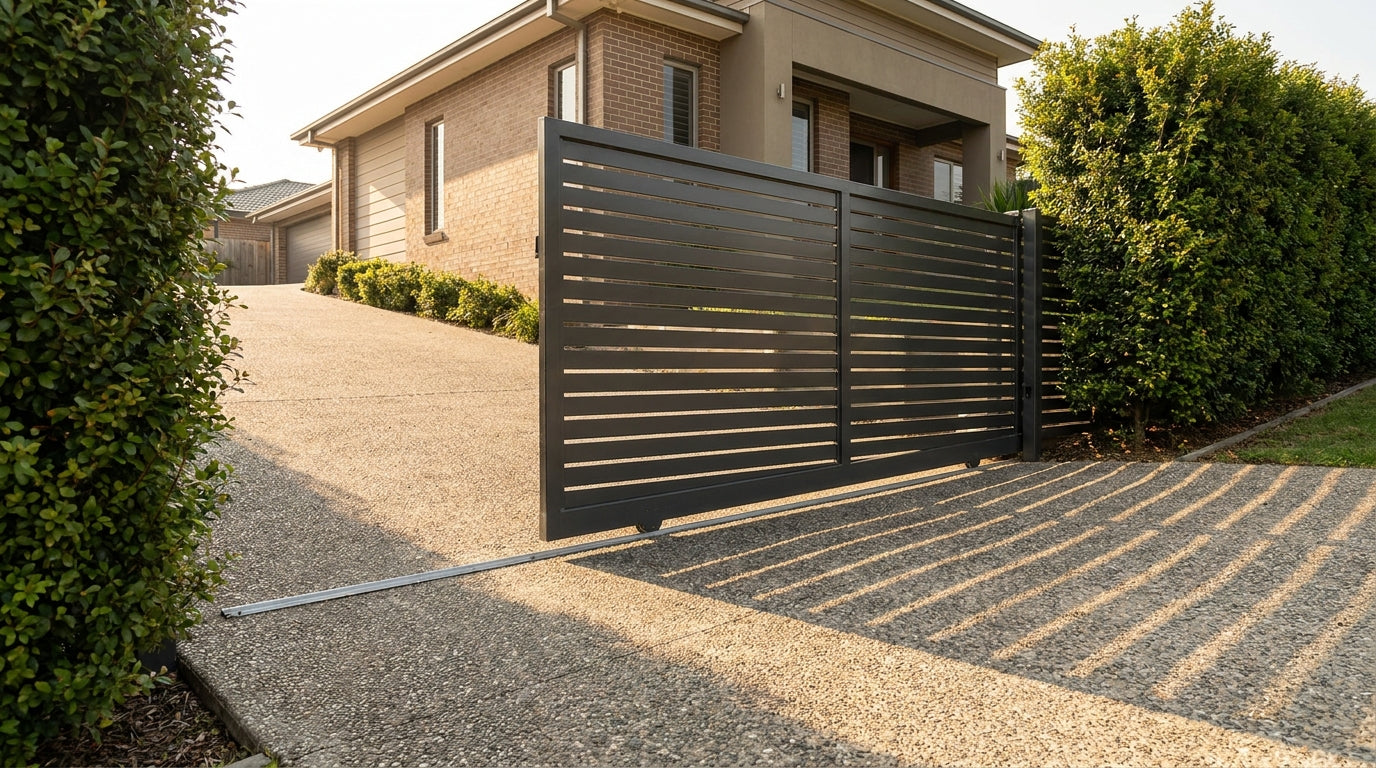 A black sliding gate installed on a sloped residential driveway, partially open on a track system with a modern home visible in the background.