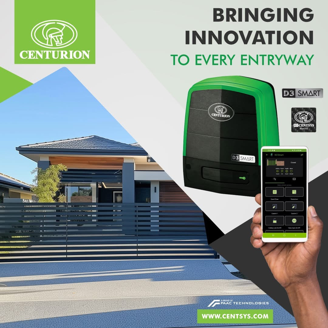 Centsys D3 SMART sliding gate motor with remote controls and rack system, designed for automatic gate opening and closing.