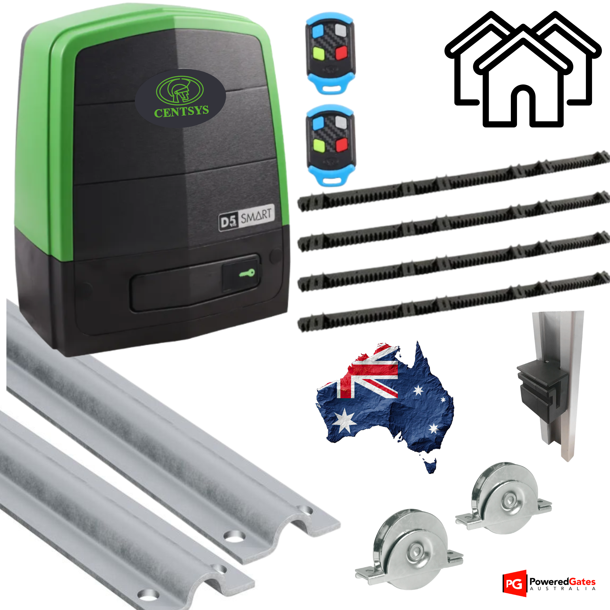 Centsys D5 Smart Sliding Gate Motor and Hardware Bundle by Powered Gates Australia, including gate motor and installation components.