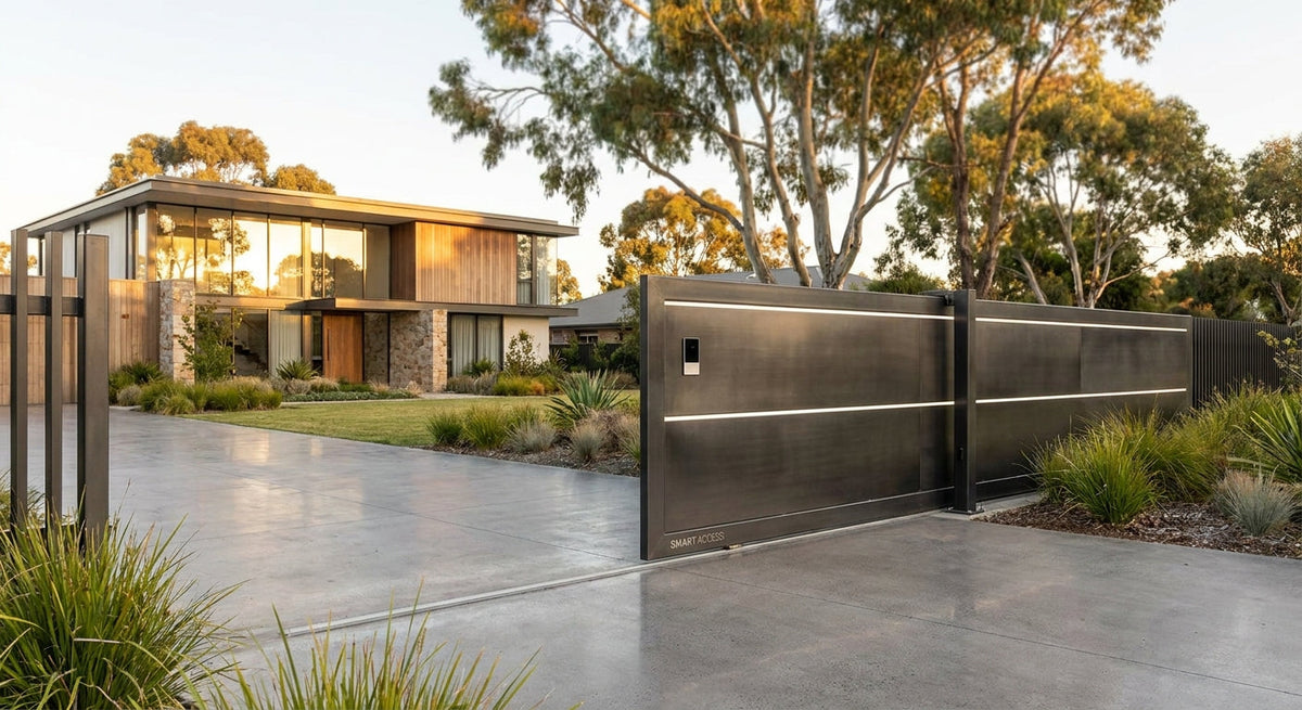 A modern automated sliding gate opening along a concrete driveway at golden hour in front of a contemporary Australian home.