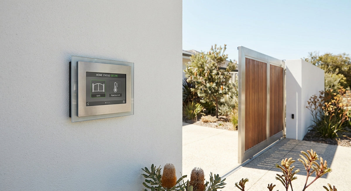 A smart gate controller mounted on a wall beside a modern automated sliding gate opening onto a suburban Australian driveway in natural daylight.