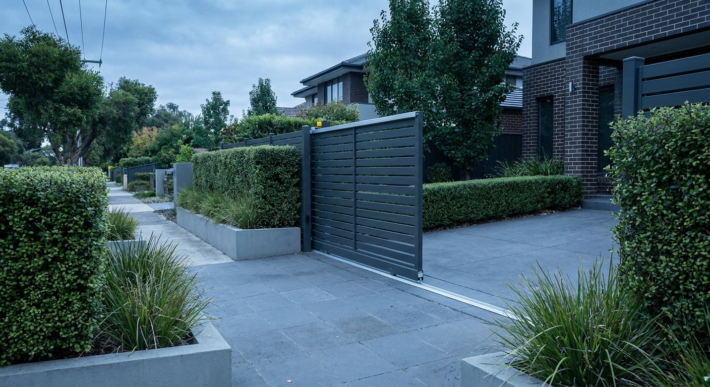 A modern automatic sliding steel gate partially open in a well-maintained suburban Melbourne driveway under soft morning light.