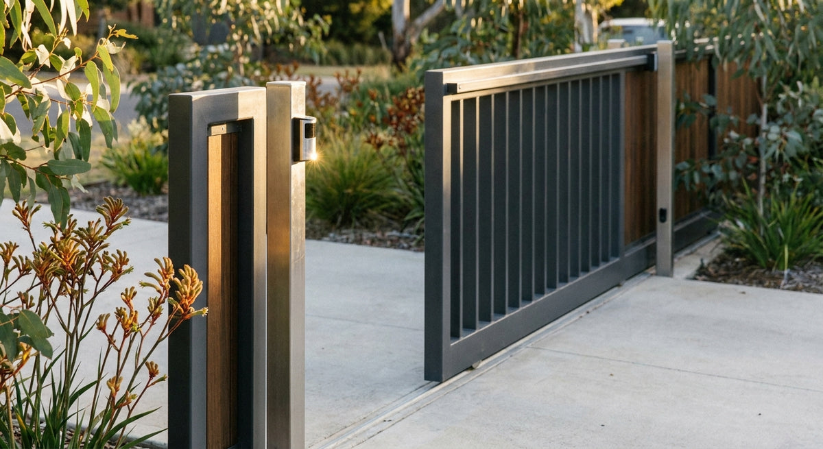 A modern automatic sliding gate with a safety sensor mounted on a steel post at a residential property, partially open on a clean concrete driveway.
