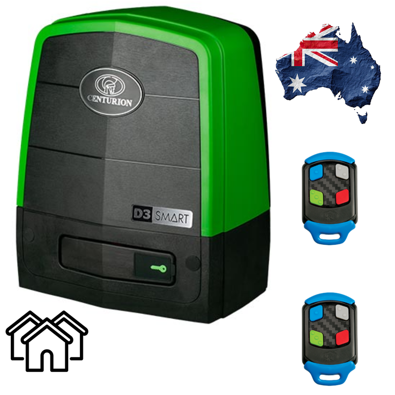 Centsys D3 SMART sliding gate motor with remote controls and metal rack for automatic gate opening.