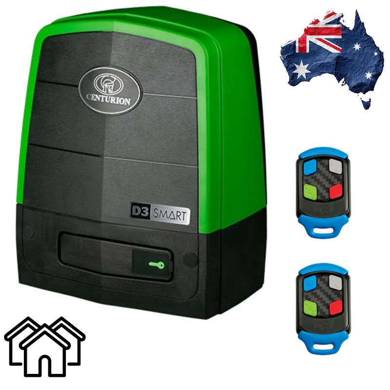 Centsys D3 Smart Sliding Gate Motor with remote controls, black metal housing, mounted on gate track, for automated gate opening