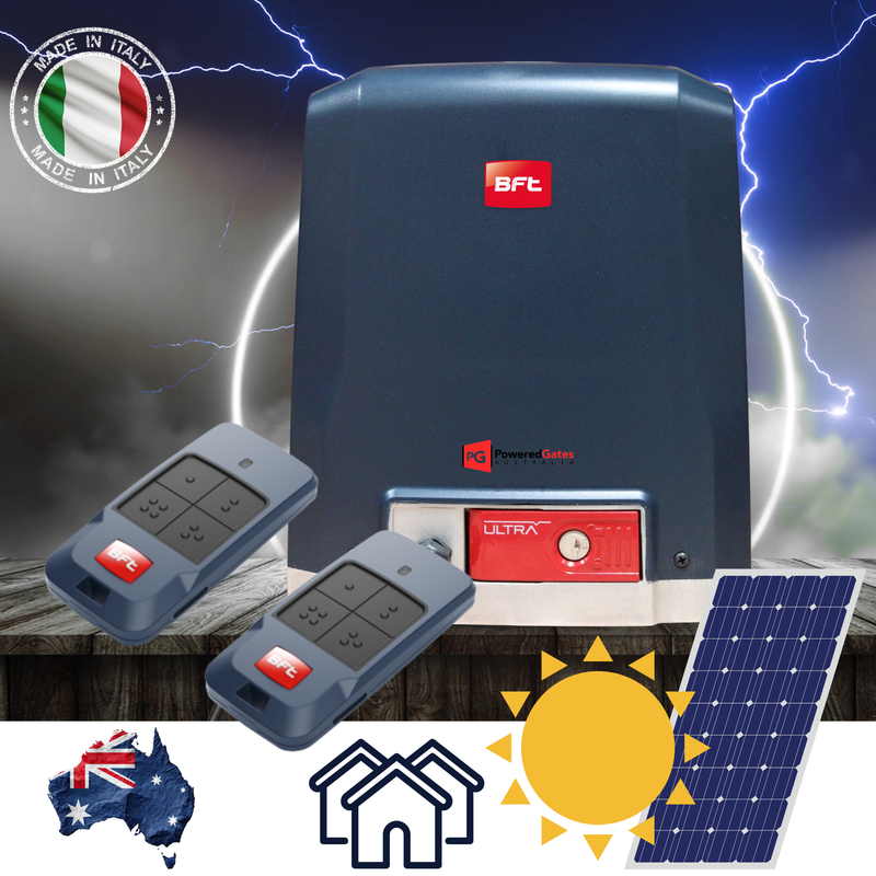 BFT Deimos sliding gate motor with remote control and WiFi connectivity, part of the solar kit bundle for automated gate operation.
