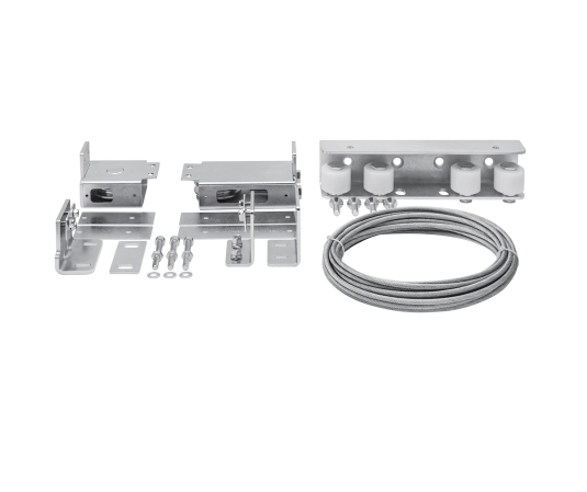 Hi Motion telescopic sliding gate hardware kit with metal rails and rollers, designed for secure and smooth gate movement.