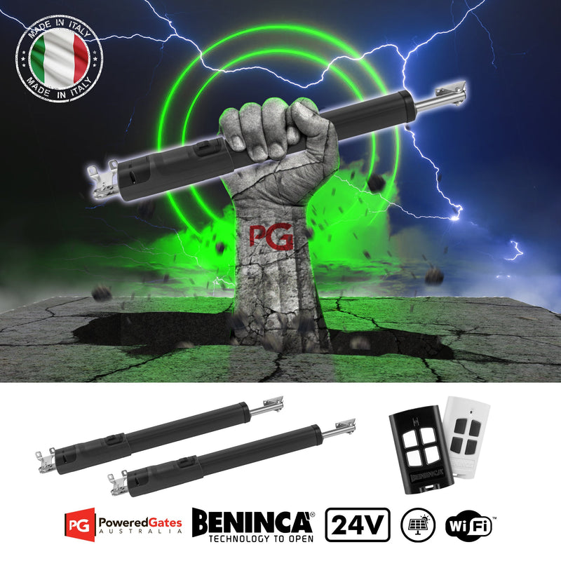Beninca Tom 30 double swing gate motor kit with low voltage transformer, suitable for gates up to 3m and 500kg.