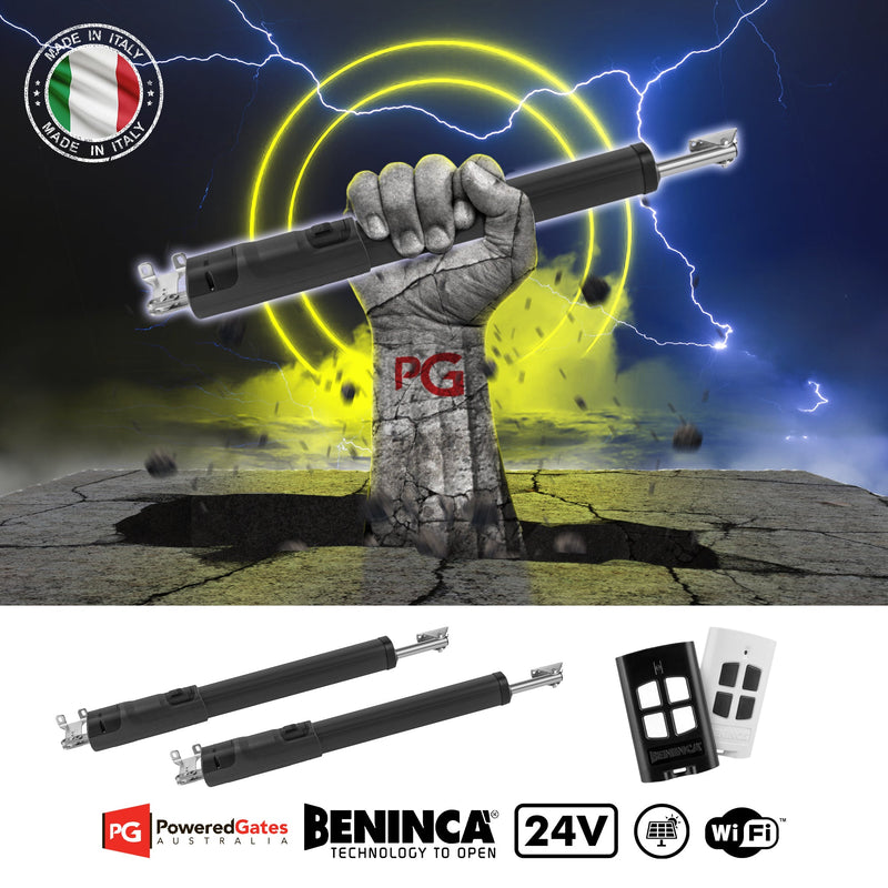 BENINCA Tom 50 double swing gate motor kit for gates up to 5m and 700kg, heavy-duty linear motor for automatic swing gates.