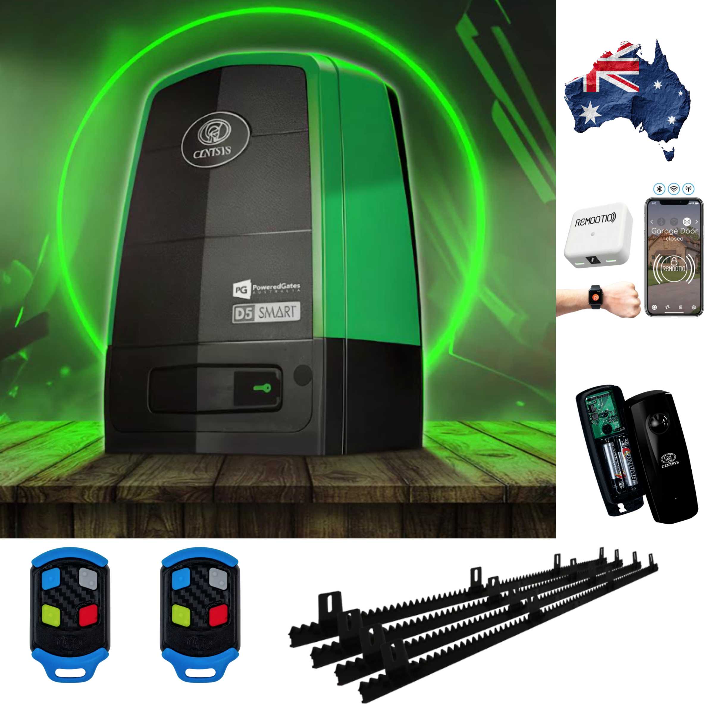 Centsys D5 Smart Sliding Gate Kit with WiFi and safety features, including motor and remote control components.